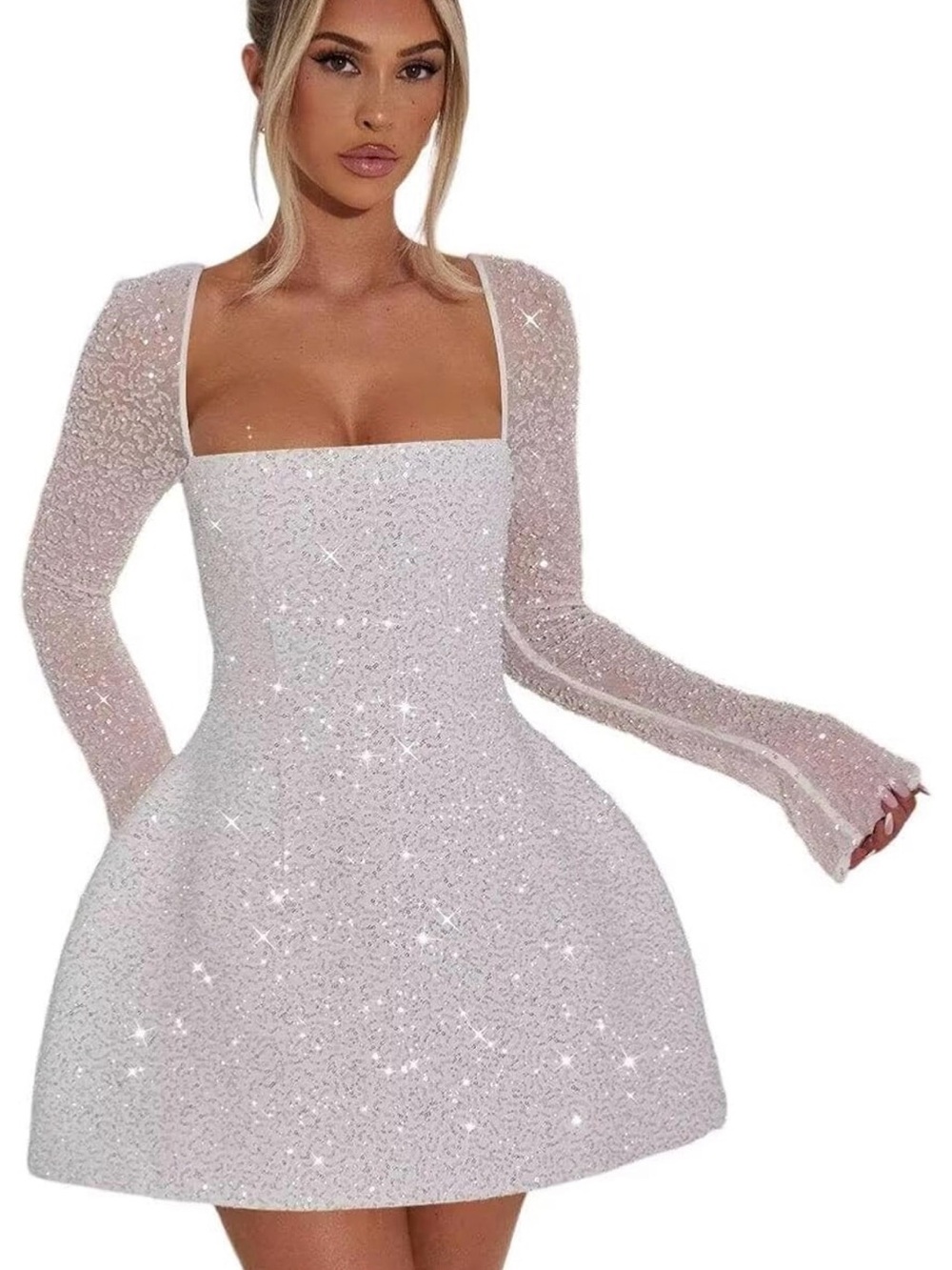 Square-Neck Sparkle Mini Dress in Pale Pink